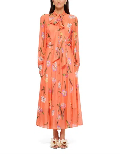 Leo Lin Liliane Tie Neck Midi Dress In Coral In Orange