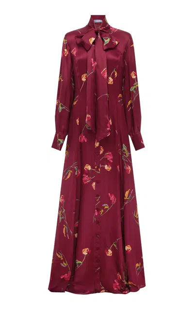 Leo Lin Lilith Tie Neck Maxi Dress - Rose Print In Maroon In Pink