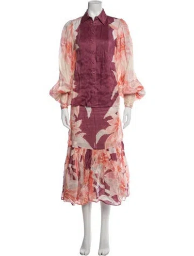 Pre-owned Leo Lin Linen Floral Print Skirt Set In Pink