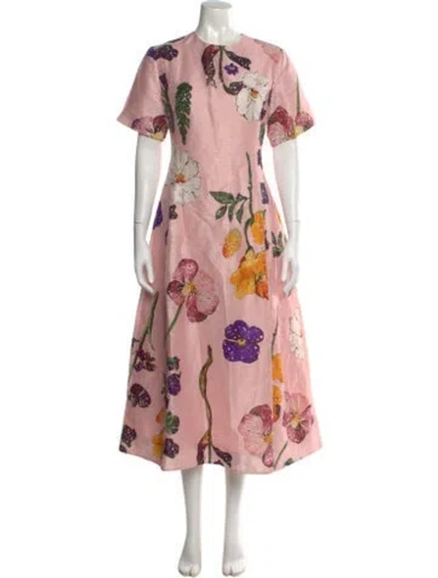Pre-owned Leo Lin Linen Midi Length Dress In Pink