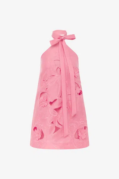 LEO LIN LOLA APPLIQUÉ HALTERNECK MINI DRESS - FUCHSIA