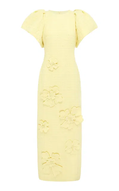 Leo Lin Lucinda Floral-appliquéd Tweed Maxi Dress In Yellow