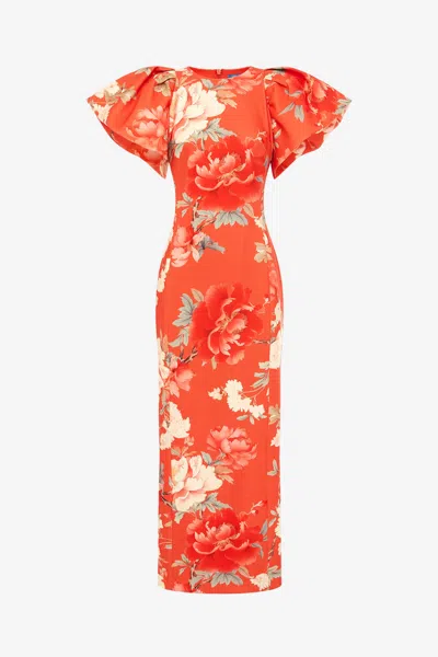 Leo Lin Lucinda Floral Puffed-sleeves Midi Dress In Orange