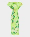 Leo Lin Lucinda Puff-sleeve Column Maxi Dress In Hydrangea In Lime