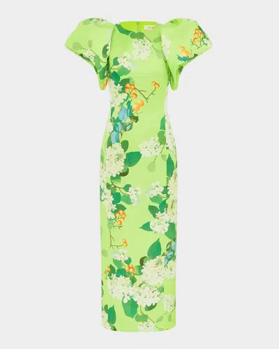 Leo Lin Lucinda Puff-sleeve Column Maxi Dress In Hydrangea In Lime