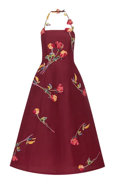 Leo Lin Lynn Embroidered Halter Neck Midi Dress - Rose Print In Maroon In Burgundy
