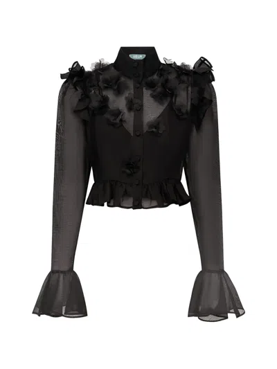 Leo Lin Maeve Petal-embellished Ruffled Blouse In Black