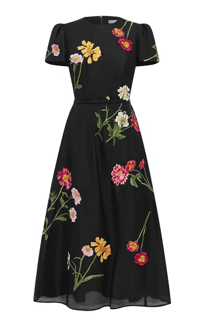Leo Lin Marguerite Embellished Short Sleeve Midi Dress - Meadow Mist In Ebony In Black