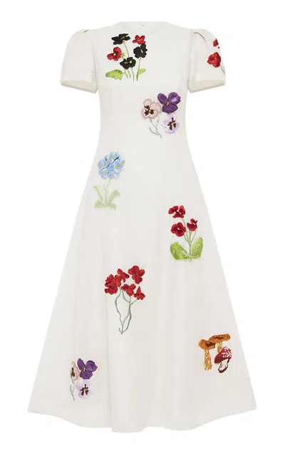 Leo Lin Marguerite Embroidered Linen-silk Midi Dress In White
