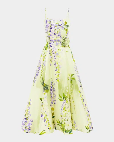 Leo Lin Mariela Belted Floral-print Sweetheart Midi Dress In Green