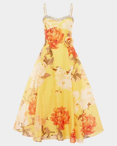 Leo Lin Mariela Crystal Floral-print Midi Dress In Yellow