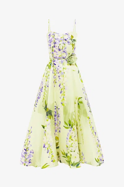 Leo Lin Mariela Belted Floral-print Sweetheart Midi Dress In Green