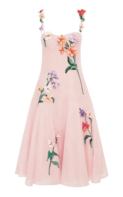 Leo Lin Marisol Embroidered Linen-silk Midi Dress In Light Pink