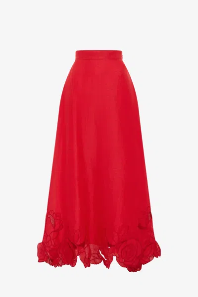 Leo Lin Melissa Linen Appliqué Maxi Skirt - Scarlet