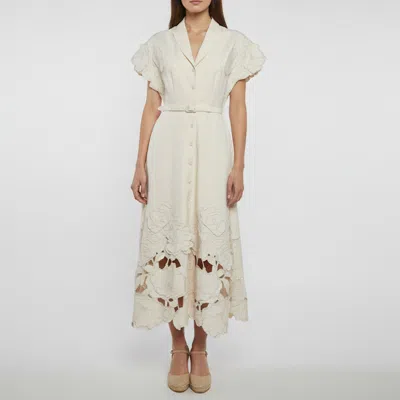 Pre-owned Leo Lin Neutral Crepe Aubrey Applique Shirt Midi Dress S In Sand