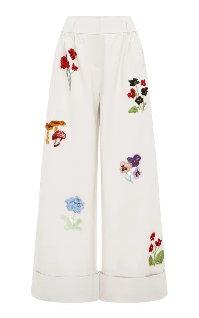 Leo Lin Nico Embroidered Cotton-linen Wide-leg Pants In Neutral