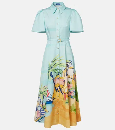 Leo Lin Printed Belted Cotton Shirt Dress In Blue