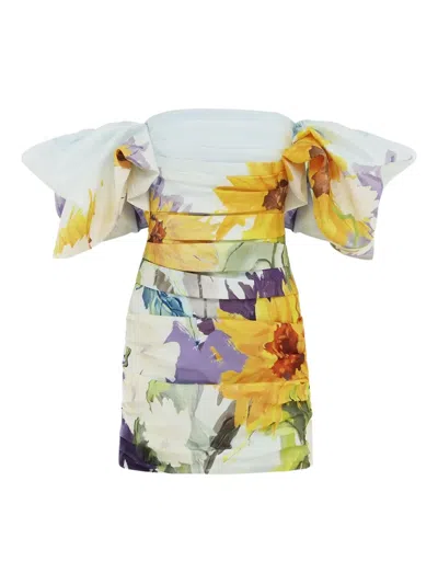 Leo Lin Puff-sleeve Sunflower Print Dress In Yellow