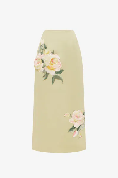 Leo Lin Quinn Embroidered Midi Skirt - Pistachio Rose Print In Neutral