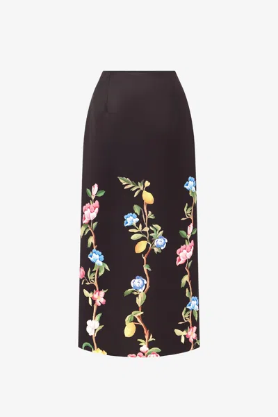 Leo Lin Quinn Midi Skirt - Lemon Vine Print In Ebony In Brown