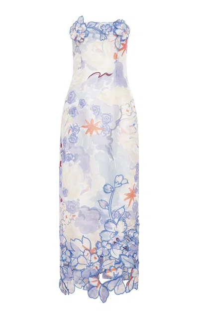 Leo Lin Rayna Applique Linen-silk Maxi Dress In Blue