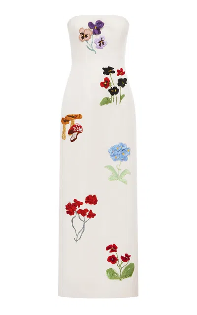 Leo Lin Rayna Embroidered Satin Maxi Dress In White