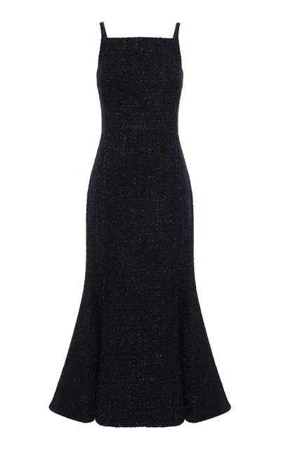 Leo Lin Regina Flared Tweed Midi Dress In Black