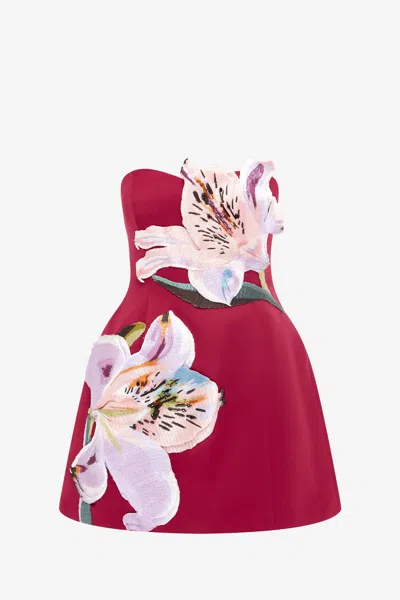 Leo Lin Rosario Appliqué Floral Bustier Mini Dress - Lily Print In Oxblood In Red