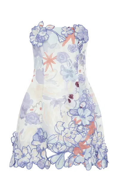 Leo Lin Roselle Applique Linen-silk Mini Dress In Multi