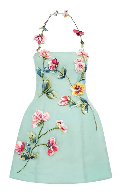 Leo Lin Roselle Embroidered Linen-silk Mini Dress In Blue