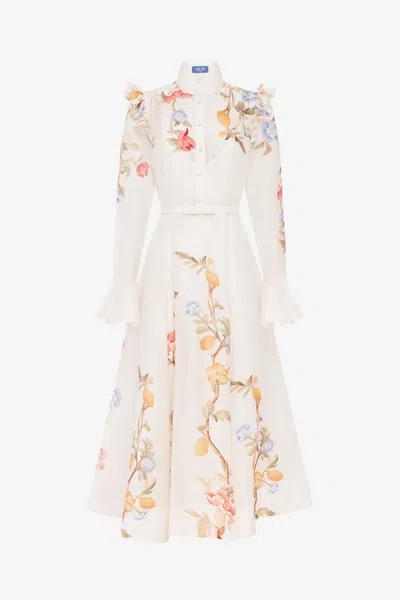 Leo Lin Selina Butterfly Sleeve Midi Dress - Lemon Vine Print In Snow