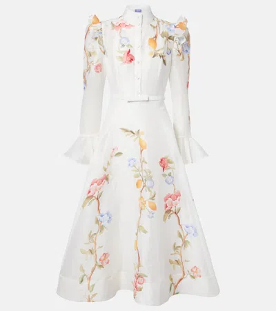 Leo Lin Selina Floral Ruffled Linen-blend Midi Dress In White