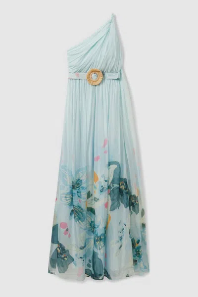 Leo Lin Silk Blend Pleated Asymmetric Maxi Dress In Blue Print
