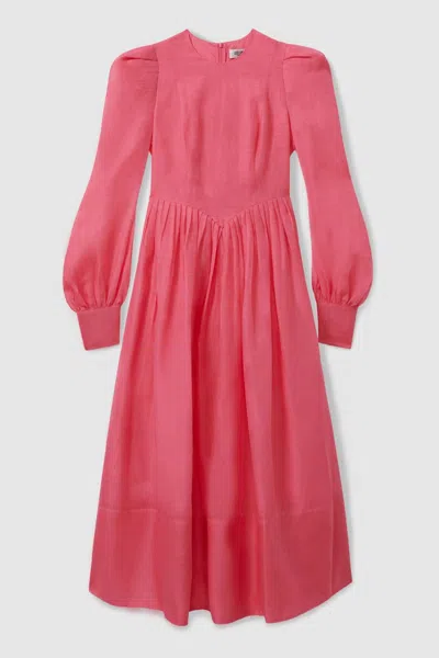 Leo Lin Silk-linen Bishop Sleeve Midi Dress In Watermelon