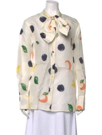 Pre-owned Leo Lin Silk Polka Dot Print Button-up Top W/ Tags In Neutrals