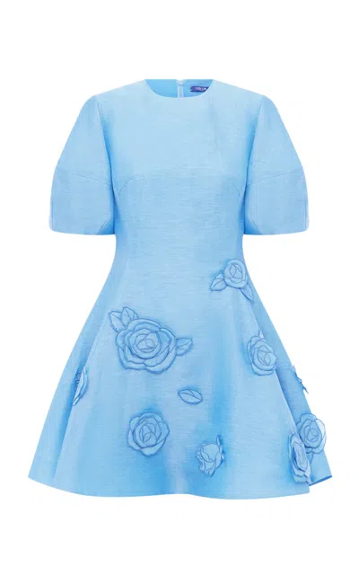 Leo Lin Simona Appliquéd Linen-blend Mini Dress In Blue