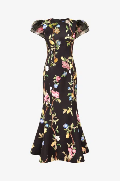 Leo Lin Sofia Embellished Puff Sleeve Maxi Dress - Lemon Vine Print In Ebony