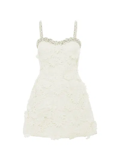 Leo Lin Crystal-trim Floral Lace Mini Dress In Neutral