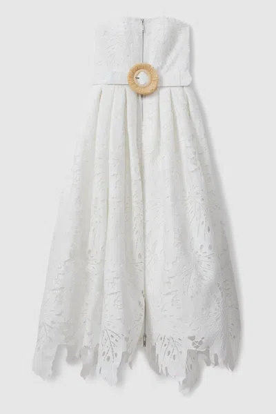 Leo Lin Strapless Lace Belted Midi Dress In Snow White