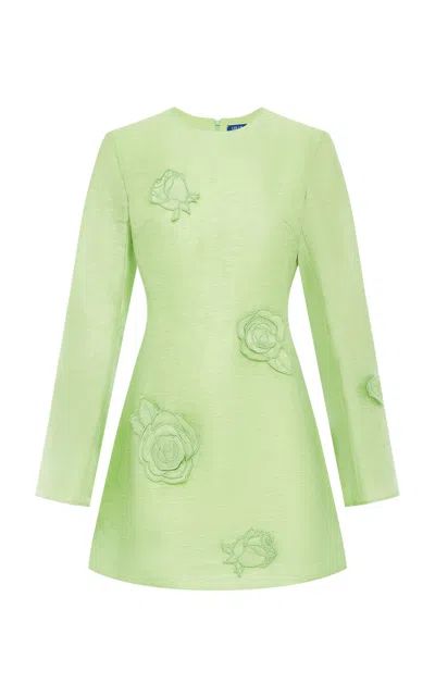 Leo Lin Suzanne Appliquéd Linen-silk Mini Dress In Green