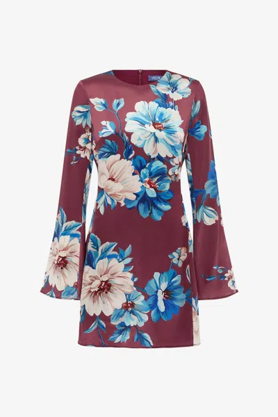Leo Lin Suzanne Flare-sleeve Floral Mini Dress In Burgundy