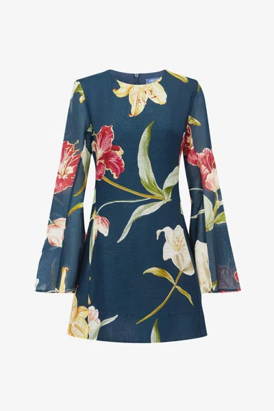 Leo Lin Suzanne Bell Sleeve Mini Dress - Lily Print In Indigo In Blue