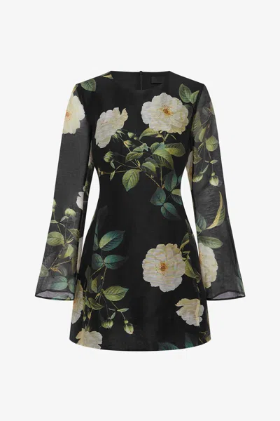 Leo Lin Suzanne Bell Sleeve Mini Dress - White Rose Print In Black