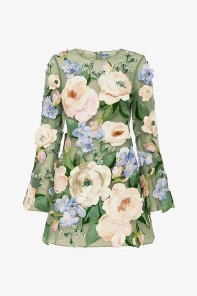 Leo Lin Suzanne Floral Hand-embroidered Bell Sleeve Mini Dress - Blossom In Green