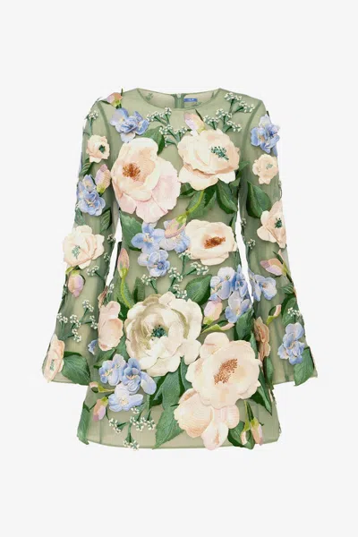 Leo Lin Suzanne Floral Hand-embroidered Bell Sleeve Mini Dress - Blossom In Green