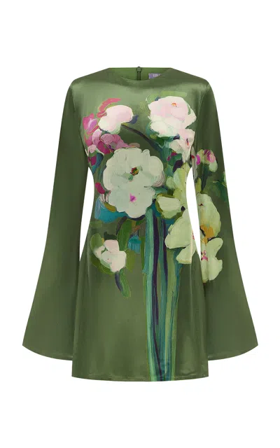 Leo Lin Suzanne Velvet Bell Sleeve Mini Dress - Reverie Print In Olive In Green