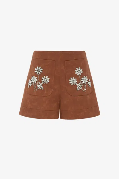 Leo Lin Tessa Embellished Vegan Suede Shorts - Chestnut In Brown