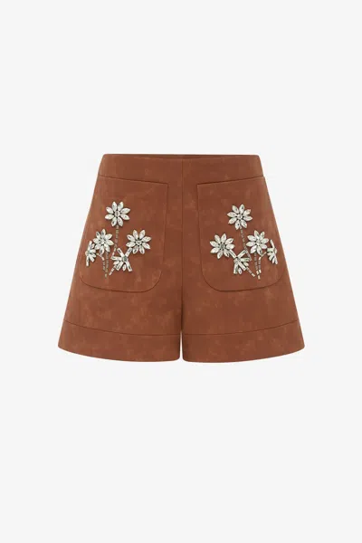 Leo Lin Tessa Embellished Vegan Suede Shorts - Chestnut