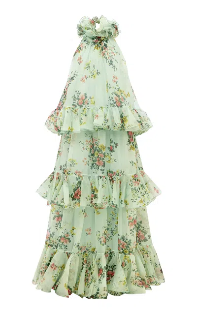 Leo Lin Thalia Halter Neck Tiered Maxi Dress - Posy Print In Mint In Green