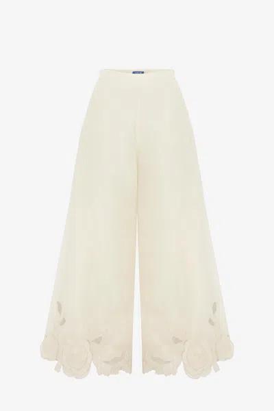 Leo Lin Theodora Linen Appliqué Pants - Vanilla In White